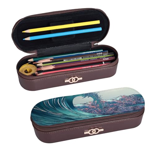 ULKMFFCF Federmäppchen mit Meereswellen-Motiv, bedrucktes Hartschalen-Federmäppchen – PU-Leder, Studenten, Schreibwaren-Tasche, Stiftebox mit Reißverschluss, für Schule, Büro, Reisen und Make-up, von ULKMFFCF