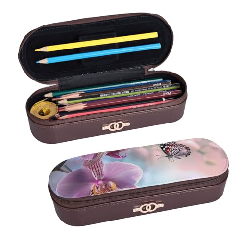ULKMFFCF Federmäppchen mit Orchideenblüte, Schmetterling, weich, frisch, bedruckt, Hartschale, Stiftetasche – PU-Leder, Studenten, Schreibwaren-Tasche, Stiftebox mit Reißverschluss, für Schule, Büro, von ULKMFFCF