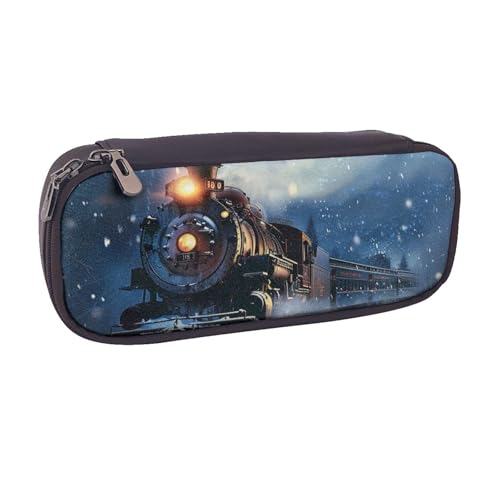 ULKMFFCF Federmäppchen mit Reißverschluss, Motiv: Winter, Weihnachten, Schnee, Nacht, Eisenbahn, Zug, bedrucktes Federmäppchen – PU-Leder für Studenten, Schreibwaren, Federmäppchen mit Reißverschluss von ULKMFFCF