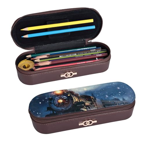 ULKMFFCF Federmäppchen mit Reißverschluss, Motiv: Winter, Weihnachten, Schnee, Nacht, Eisenbahn, Zug, bedrucktes Hartschalen-Federmäppchen – PU-Leder, Studenten, Schreibwaren, Federmäppchen mit von ULKMFFCF