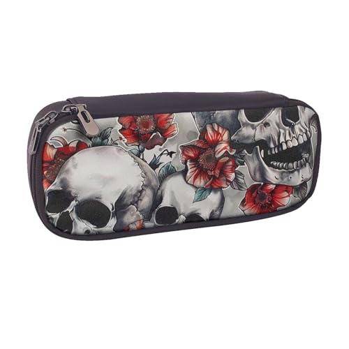 ULKMFFCF Federmäppchen mit Totenkopf- und Blumendruck, PU-Leder, für Studenten, Schreibwaren, Federmäppchen mit Reißverschluss, für Schule, Büro, Reisen und Make-up, Schwarz , Einheitsgröße, von ULKMFFCF