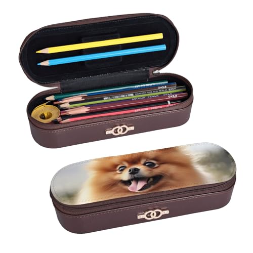 ULKMFFCF Federmäppchen mit Zwergspitz-Motiv, bedrucktes Hartschalen-Federmäppchen – PU-Leder, Studenten, Schreibwaren-Tasche, Stiftebox mit Reißverschluss, für Schule, Büro, Reisen und Make-up, von ULKMFFCF