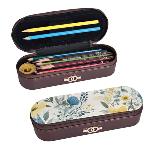 ULKMFFCF Federmäppchen mit blauem Blumenmuster, Rosen, bedrucktes Hartschalen-Federmäppchen – PU-Leder, Studenten, Schreibwaren-Tasche, Stiftebox mit Reißverschluss, für Schule, Büro, Reisen und von ULKMFFCF