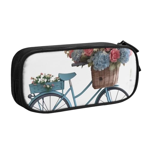 ULKMFFCF Federmäppchen mit blauem Fahrrad-Blumendruck, schwarz – niedliche Schüler-Schreibwaren-Tasche mit Reißverschluss für Schule, Büro, Reisen und Make-up, Schwarz , Einheitsgröße, Schulranzen von ULKMFFCF