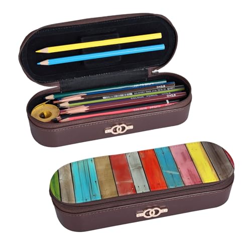 ULKMFFCF Federmäppchen mit buntem Holzbrett, bedrucktes Hartschalen-Federmäppchen – PU-Leder, Studenten, Schreibwaren-Tasche, Stiftebox mit Reißverschluss, für Schule, Büro, Reisen und Make-up, von ULKMFFCF