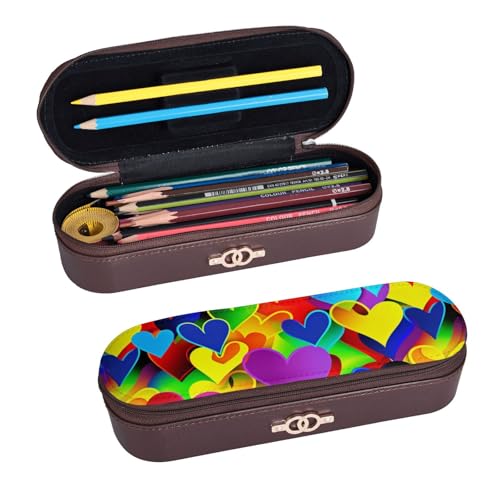 ULKMFFCF Federmäppchen mit buntem Regenbogenherz bedruckt, Hartschalen-Federmäppchen – PU-Leder, Studenten, Schreibwaren-Tasche, Stiftebox mit Reißverschluss, für Schule, Büro, Reisen und Make-up, von ULKMFFCF