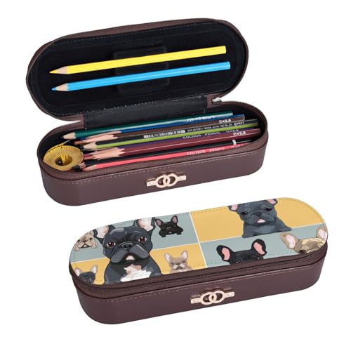 ULKMFFCF Federmäppchen mit französischer Bulldogge, bedruckt, aus PU-Leder, für Studenten, Schreibwaren, Federmäppchen mit Reißverschluss, für Schule, Büro, Reisen und Make-up, Schwarz , von ULKMFFCF
