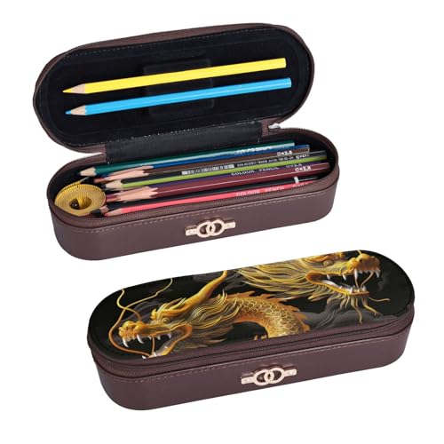 ULKMFFCF Federmäppchen mit gelbem Drachen und schwarzem Hintergrund, bedrucktes Hartschalen-Federmäppchen – PU-Leder, Studenten, Schreibwaren-Tasche, Stiftebox mit Reißverschluss, für Schule, Büro, von ULKMFFCF