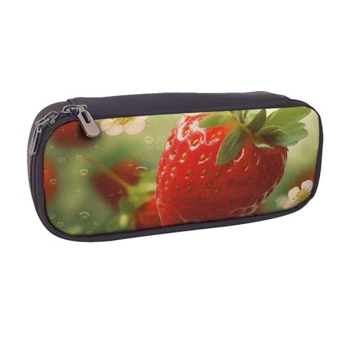 ULKMFFCF Federmäppchen mit niedlichem Erdbeermotiv, PU-Leder, für Studenten, Schreibwaren, Federmäppchen mit Reißverschluss, für Schule, Büro, Reisen und Make-up, Schwarz , Einheitsgröße, Schulranzen von ULKMFFCF