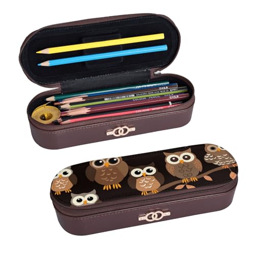 ULKMFFCF Federmäppchen mit niedlichem braunem Cartoon-Eulen-Motiv, aus PU-Leder, für Studenten, Schreibwaren, Federmäppchen mit Reißverschluss, für Schule, Büro, Reisen und Make-up, Schwarz , von ULKMFFCF