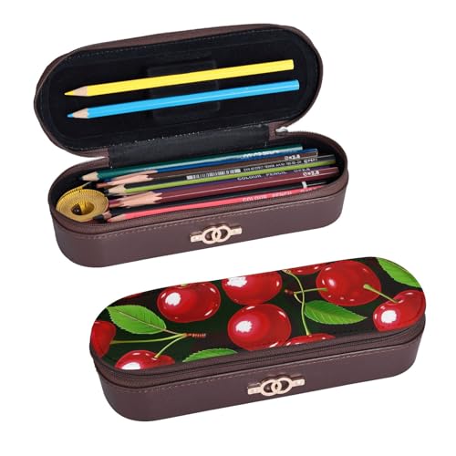 ULKMFFCF Federmäppchen mit rotem Kirschen bedruckt, aus PU-Leder, für Studenten, Schreibwaren, Federmäppchen mit Reißverschluss, für Schule, Büro, Reisen und Make-up, Schwarz , Einheitsgröße, von ULKMFFCF
