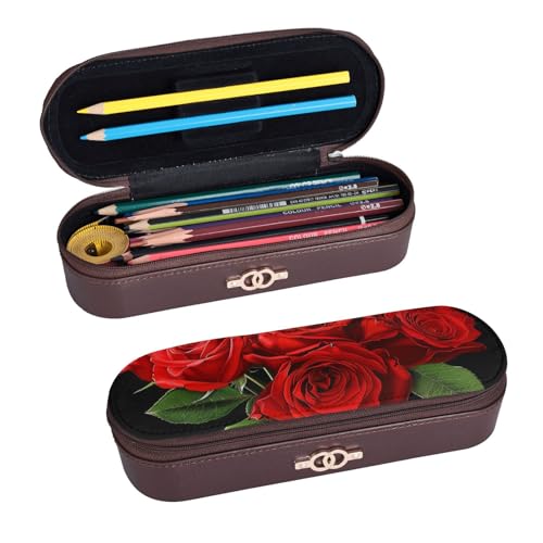 ULKMFFCF Federmäppchen mit rotem Rosen-Motiv, PU-Leder, für Studenten, Schreibwaren, Federmäppchen mit Reißverschluss, für Schule, Büro, Reisen und Make-up, Schwarz , Einheitsgröße, Schulranzen von ULKMFFCF