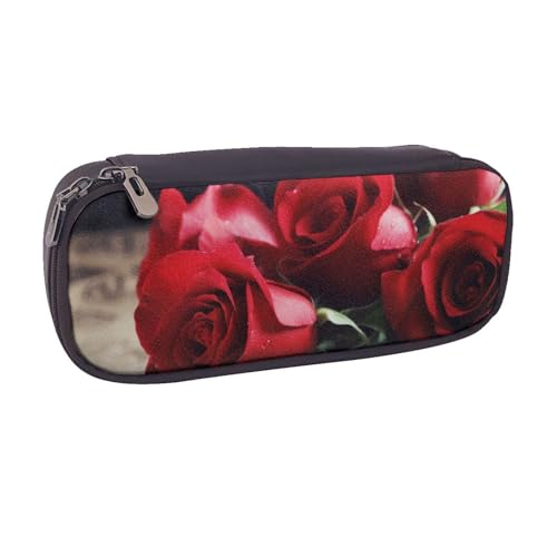 ULKMFFCF Federmäppchen mit rotem Rosenmuster, für Jungen und Mädchen, PU-Leder, niedliches Schreibwarenetui für Schule, Büro, Reisen, Make-up, Rosen Rosen, Einheitsgröße, Schulranzen von ULKMFFCF