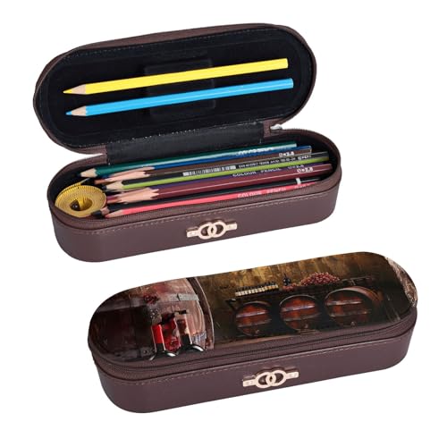 ULKMFFCF Federmäppchen mit rotem Weinkeller bedruckt, aus PU-Leder, für Studenten, Schreibwaren, Federmäppchen mit Reißverschluss, für Schule, Büro, Reisen und Make-up, Schwarz , Einheitsgröße, von ULKMFFCF