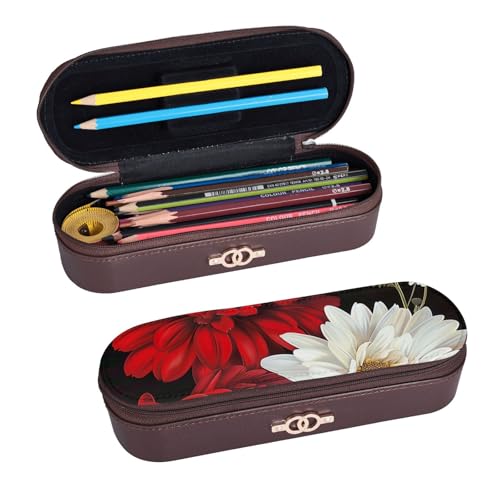 ULKMFFCF Federmäppchen mit rotem und weißem Blumendruck – PU-Leder, Studenten, Schreibwaren-Tasche, Stiftebox mit Reißverschluss, für Schule, Büro, Reisen und Make-up, Schwarz , Einheitsgröße, von ULKMFFCF