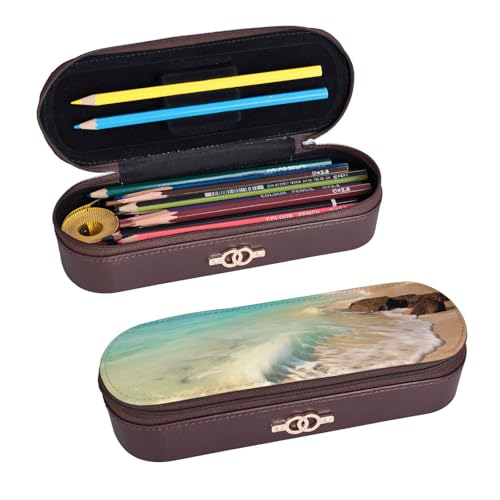 ULKMFFCF Gelassenes Federmäppchen mit Strandmotiv, bedruckt, aus PU-Leder, für Studenten, Schreibwaren, Federmäppchen mit Reißverschluss, für Schule, Büro, Reisen und Make-up, Schwarz , Einheitsgröße, von ULKMFFCF