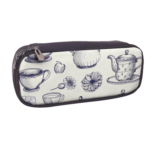ULKMFFCF Handgezeichnete Teekannen und Tassen, bedrucktes Federmäppchen, Stiftetasche – PU-Leder, Studenten, Schreibwaren-Tasche, Stiftebox mit Reißverschluss, für Schule, Büro, Reisen und Make-up, von ULKMFFCF