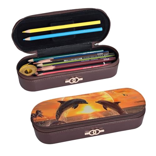 ULKMFFCF Hartschalen-Federmäppchen, Motiv: Sonnenuntergang Delfine, aus PU-Leder, für Studenten, Schreibwaren, Federmäppchen mit Reißverschluss, für Schule, Büro, Reisen und Make-up, Schwarz , von ULKMFFCF