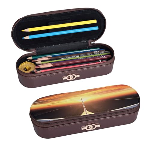 ULKMFFCF Hartschalen-Federmäppchen im Flugzeug mit Sonnenuntergang, aus PU-Leder, für Studenten, Schreibwaren, Federmäppchen mit Reißverschluss, für Schule, Büro, Reisen und Make-up, Schwarz , von ULKMFFCF