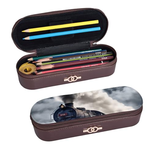 ULKMFFCF Hartschalen-Federmäppchen mit Dampfzug und Wolken – PU-Leder, Studenten, Schreibwaren-Tasche, Stiftebox mit Reißverschluss, für Schule, Büro, Reisen und Make-up, Schwarz , Einheitsgröße, von ULKMFFCF