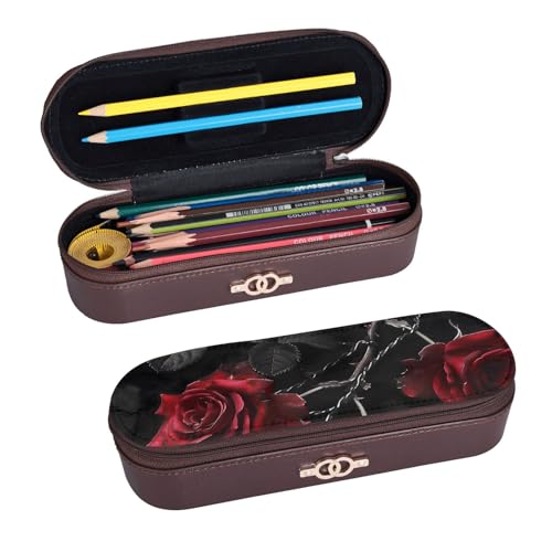 ULKMFFCF Hartschalen-Federmäppchen mit Gothic-Motiv mit schwarzen Rosen – PU-Leder, Studenten, Schreibwaren-Tasche, Bleistiftbox mit Reißverschluss, für Schule, Büro, Reisen und Make-up, Schwarz , von ULKMFFCF