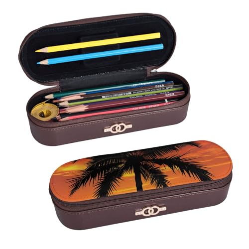 ULKMFFCF Hartschalen-Federmäppchen mit Palmen-Sonnenuntergang – PU-Leder, Studenten, Schreibwaren-Tasche, Stiftebox mit Reißverschluss, für Schule, Büro, Reisen und Make-up, Schwarz , Einheitsgröße, von ULKMFFCF