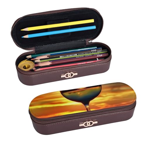 ULKMFFCF Hartschalen-Federmäppchen mit Sonnenuntergangs-Weinglas-Motiv, PU-Leder, Studenten, Schreibwaren-Tasche, Stiftebox mit Reißverschluss, für Schule, Büro, Reisen und Make-up, Schwarz , von ULKMFFCF