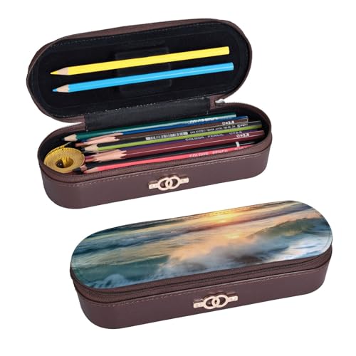 ULKMFFCF Hartschalen-Federmäppchen mit Strandmotiv und Sonnenuntergang und Meer, aus PU-Leder, für Studenten, Schreibwaren, Federmäppchen mit Reißverschluss, für Schule, Büro, Reisen und Make-up, von ULKMFFCF