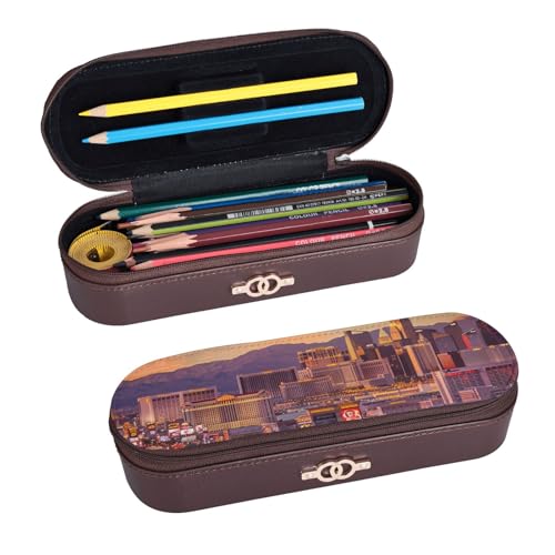 ULKMFFCF Las Vegas Federmäppchen mit Sonnenuntergang bedruckt, Hartschale, Stiftetasche, PU-Leder, Studenten, Schreibwaren-Tasche, Stiftebox mit Reißverschluss, für Schule, Büro, Reisen und Make-up, von ULKMFFCF