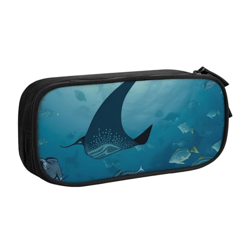 ULKMFFCF Manta Ray und Fish Federmäppchen, bedruckt, schwarz, niedliches Federmäppchen für Studenten, Schreibwaren, Federmäppchen mit Reißverschluss, für Schule, Büro, Reisen und Make-up, Schwarz von ULKMFFCF