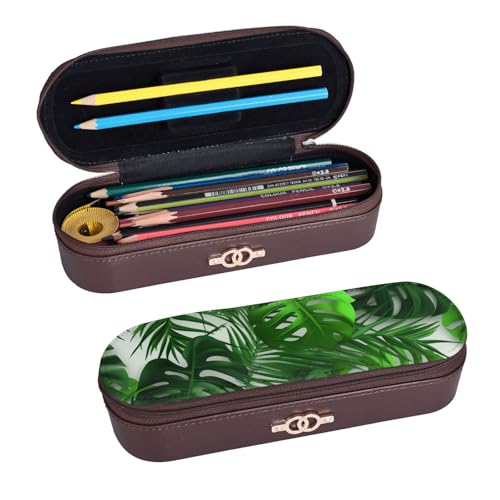 ULKMFFCF Monstera Federmäppchen mit Bananenpalmenblättern, bedruckt, aus PU-Leder, für Studenten, Schreibwaren, Federmäppchen mit Reißverschluss, für Schule, Büro, Reisen und Make-up, Schwarz , von ULKMFFCF