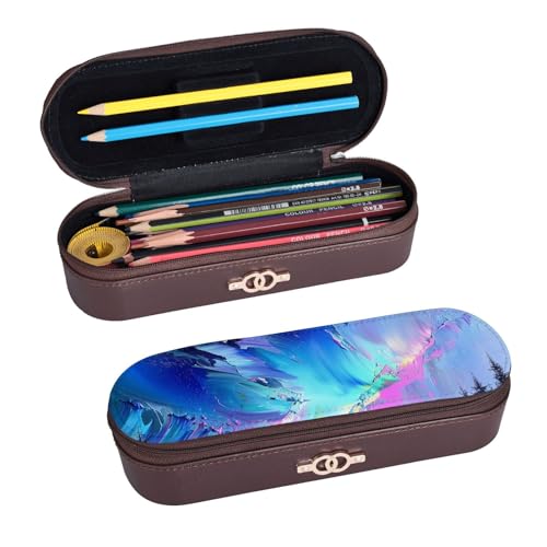 ULKMFFCF Northern Lights Painting Printed Hard Shell Pencil Case Pen Bag - Pu Leather Students Stationery Pouch Pencil Box with Zipper for School Office Travel and Makeup, Schwarz , Einheitsgröße, von ULKMFFCF