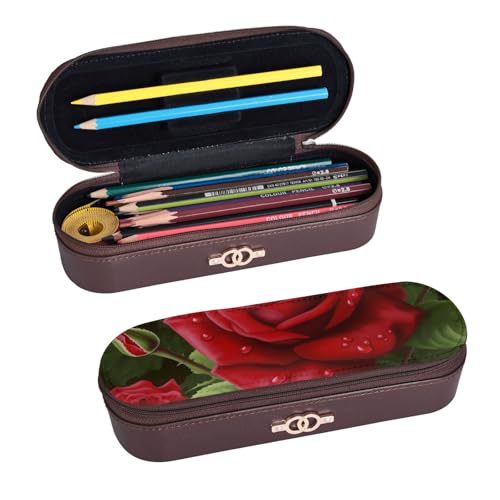ULKMFFCF Red Rose 2 bedruckte Hartschalen-Federmäppchen, Stiftetasche – PU-Leder, Studenten, Schreibwaren-Tasche, Stiftebox mit Reißverschluss, für Schule, Büro, Reisen und Make-up, Schwarz , von ULKMFFCF
