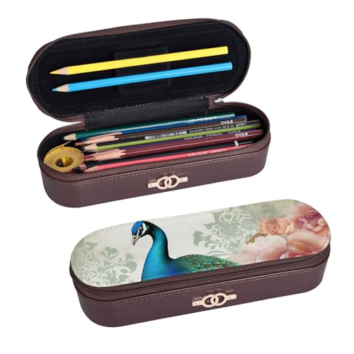 ULKMFFCF Schönes Federmäppchen mit Pfauen- und Blumenmuster, aus PU-Leder, für Studenten, Schreibwaren, Federmäppchen mit Reißverschluss, für Schule, Büro, Reisen und Make-up, Schwarz , Einheitsgröße, von ULKMFFCF