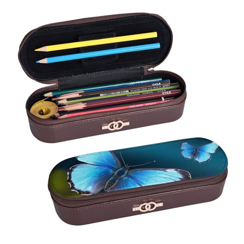 ULKMFFCF Schönes Federmäppchen mit blauem Schmetterlings-Aufdruck, Federmäppchen – PU-Leder, Studenten, Schreibwaren-Tasche, Stiftebox mit Reißverschluss, für Schule, Büro, Reisen und Make-up, Schwarz von ULKMFFCF
