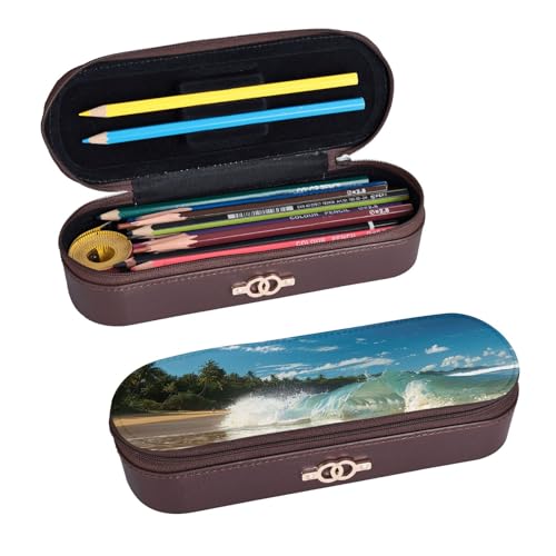 ULKMFFCF Sunny Wave Beach bedrucktes Hartschalen-Federmäppchen, Stiftetasche – PU-Leder, Studenten, Schreibwaren-Tasche, Stiftebox mit Reißverschluss, für Schule, Büro, Reisen und Make-up, Schwarz , von ULKMFFCF