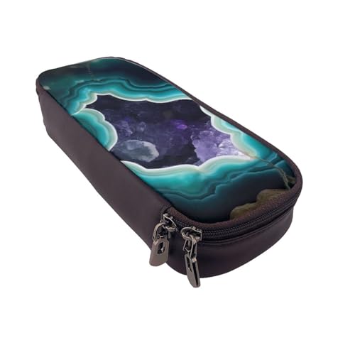 ULKMFFCF Volcano bedrucktes Federmäppchen, Stiftetasche – PU-Leder, Studenten, Schreibwaren-Tasche, Federmäppchen mit Reißverschluss, für Schule, Büro, Reisen und Make-up, Blaugrüner Achat von ULKMFFCF