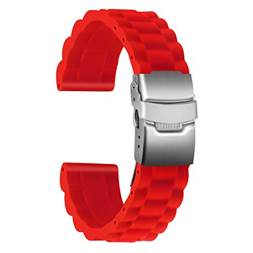 ULLCHRO Ersatz-Uhrenarmband aus Silikon, Gummi, wasserdicht, Gliedermuster, 16 mm, 18 mm, 20 mm, 22 mm, 24 mm, Uhrenarmband mit Edelstahl-Faltschließe (18 mm, rot) von ULLCHRO