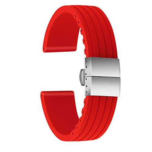 ULLCHRO Silikon-Uhrenarmband, Ersatzband, Gummi, wasserdicht, Streifenmuster, 14 mm, 16 mm, 18 mm, 20 mm, 22 mm, 24 mm, Uhrenarmband mit Edelstahl-Faltschnalle (20 mm, Rot) von ULLCHRO