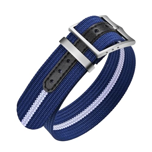 ULLCHRO Nylon Uhrenarmbänder 20mm 22mm Sport Atmungsaktive Ersatzarmband für Herren Damen Nylon Militär Uhrenarmband mit Silber Edelstahl Metall Schließe (22mm, Blau & Weiß) von ULLCHRO