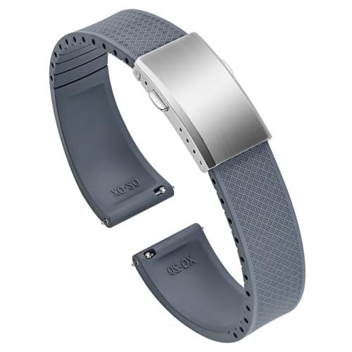 ULLCHRO Uhrenarmband Fluorkautschuk mit Silber Faltschließe, 18mm 19mm 20mm 21mm 22mm, Schnellverschluss Gummi Armband für Herren Damen, Cut to Size Ersatzbänder (18mm, Grau) von ULLCHRO