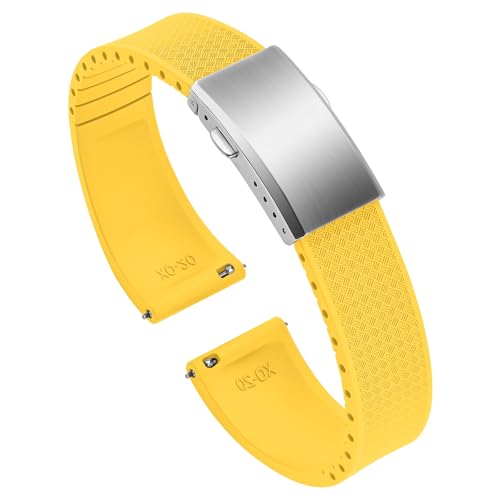 ULLCHRO Uhrenarmband Fluorkautschuk mit Silber Faltschließe, 18mm 19mm 20mm 21mm 22mm, Schnellverschluss Gummi Armband für Herren Damen, Cut to Size Ersatzbänder (20mm, Gelb) von ULLCHRO