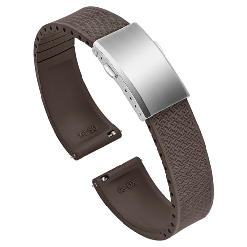 ULLCHRO Uhrenarmband Fluorkautschuk mit Silber Faltschließe, 18mm 19mm 20mm 21mm 22mm, Schnellverschluss Gummi Armband für Herren Damen, Cut to Size Ersatzbänder (21mm, Braun) von ULLCHRO
