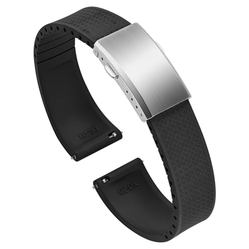 ULLCHRO Uhrenarmband Fluorkautschuk mit Silber Faltschließe, 18mm 19mm 20mm 21mm 22mm, Schnellverschluss Gummi Armband für Herren Damen, Cut to Size Ersatzbänder (21mm, Schwarz) von ULLCHRO