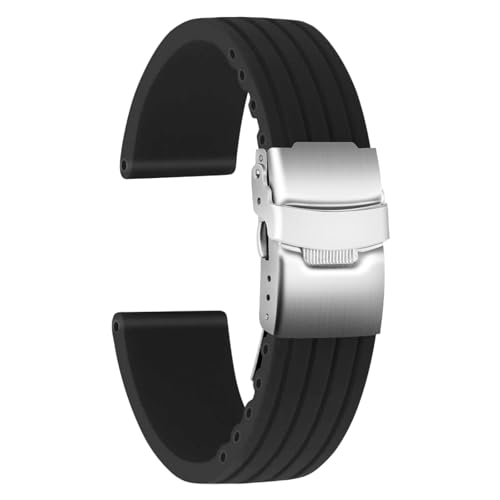 ULLCHRO Gummi Uhrenarmband Ersatzarmband Ersatz Kautschuk Armbanduhr Wasserfest Stripe Pattern - 16mm, 18mm, 20mm, 22mm, 24mm Uhrenband mit Edelstahl Faltschließe (16mm, schwarz) von ULLCHRO