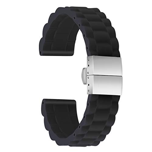 ULLCHRO Unisex Kautschuk Armband mit Edelstahl Silber Faltschließe 18mm Schwarz von ULLCHRO