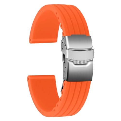 ULLCHRO Gummi Uhrenarmband Ersatzarmband Ersatz Kautschuk Armbanduhr Wasserfest Stripe Pattern - 16mm, 18mm, 20mm, 22mm, 24mm Uhrenband mit Edelstahl Faltschließe (22mm, Orange) von ULLCHRO