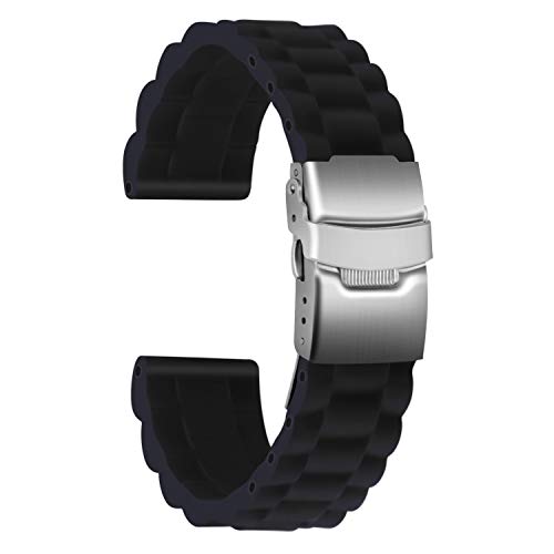 ULLCHRO Unisex Kautschuk Armband mit Edelstahl Silber Faltschließe 22mm Schwarz von ULLCHRO