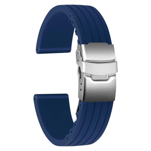 ULLCHRO Gummi Uhrenarmband Ersatzarmband Ersatz Kautschuk Armbanduhr Wasserfest Stripe Pattern - 16mm, 18mm, 20mm, 22mm, 24mm Uhrenband mit Edelstahl Faltschließe (24mm, blau) von ULLCHRO