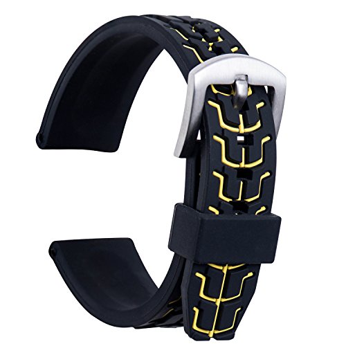 ULLCHRO Unisex Kautschuk Armband mit Gebürstete Edelstahl Silber Schnalle 20mm Gelb von ULLCHRO